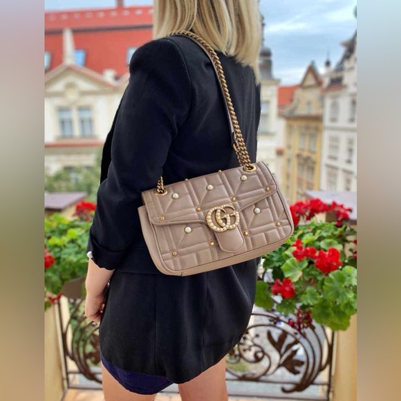 Gucci Pearly GG Marmont Flap Bag Embellished Matelasse Leather Small - Picture 3 of 14